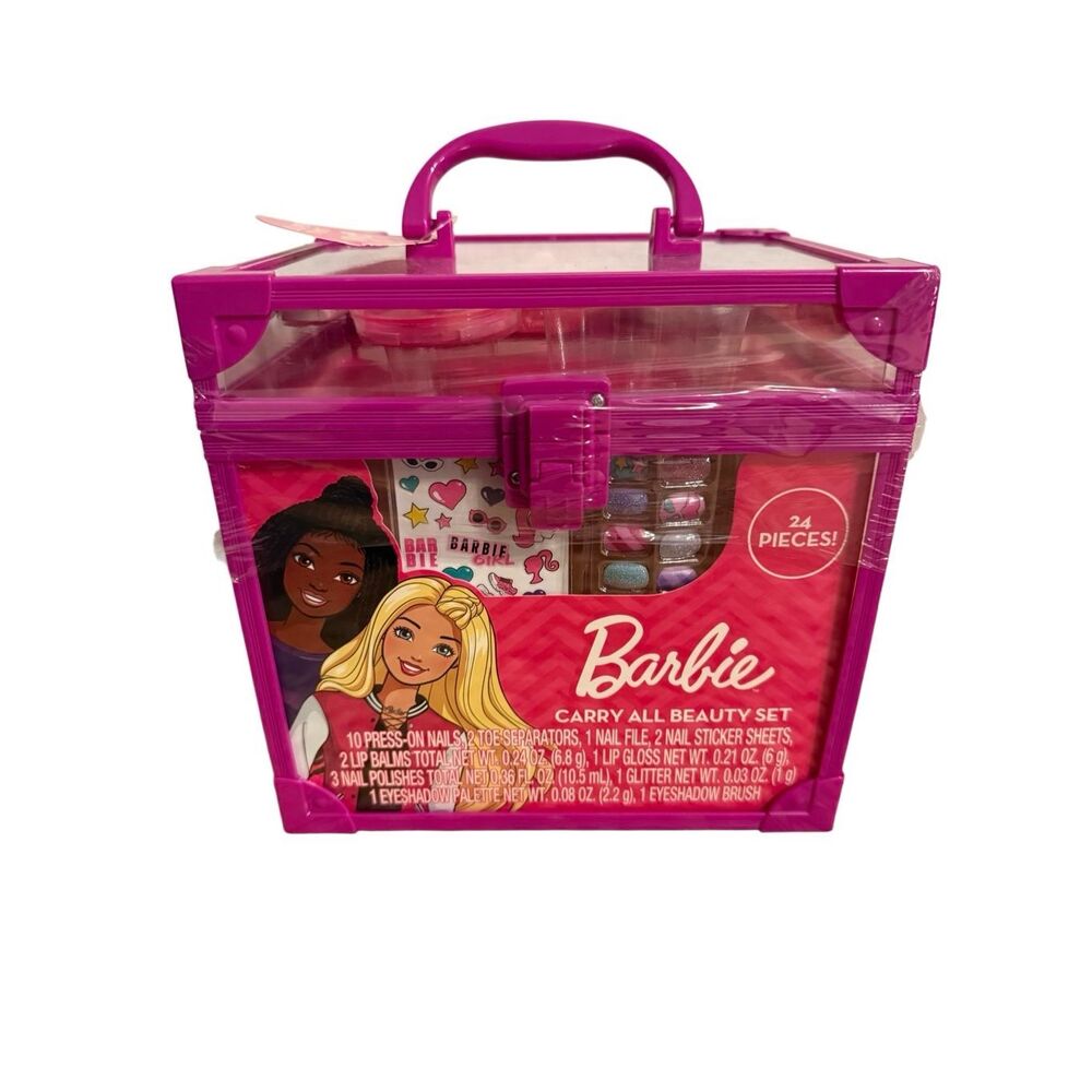 🟠Brand New Barbie Carry All Beauty Set 24 Pcs Make Up Press On Nails
